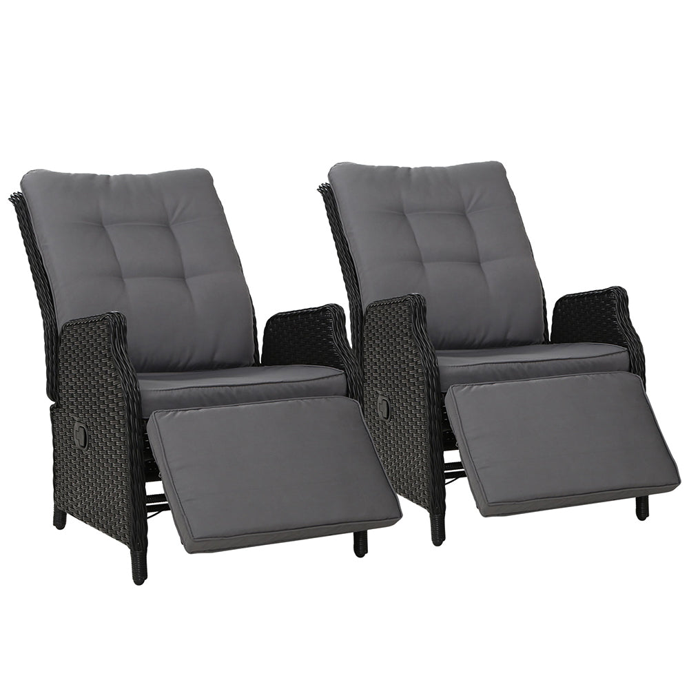 South Yarra Deluxe Set of 2 Sun lounge & Recliner Chairs - Black
