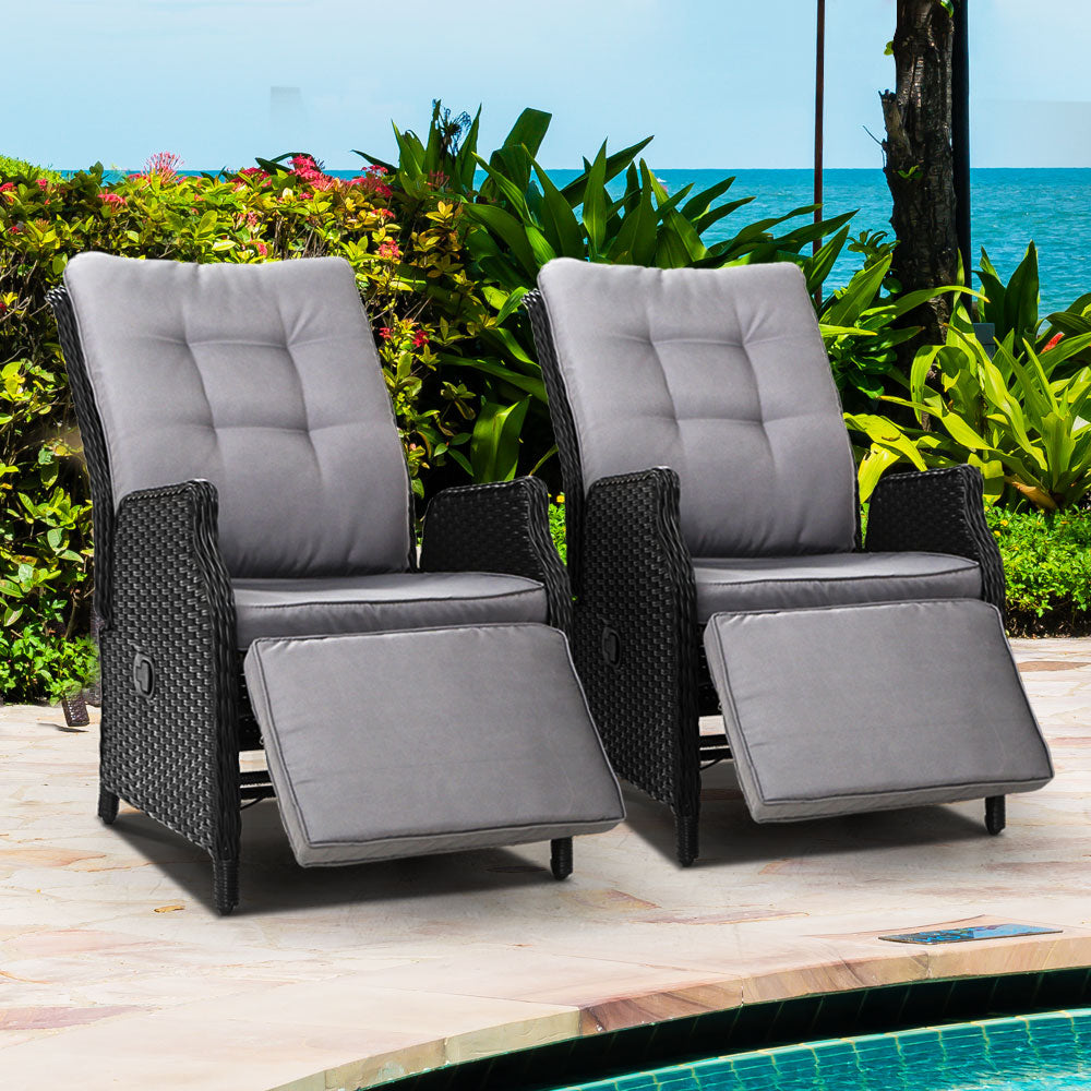 South Yarra Deluxe Set of 2 Sun lounge & Recliner Chairs - Black