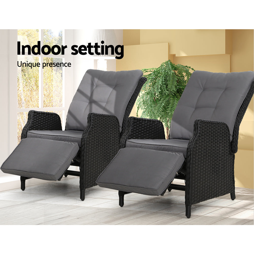 South Yarra Deluxe Set of 2 Sun lounge & Recliner Chairs - Black