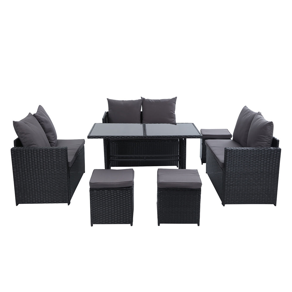 Armadale Deluxe 9 Seater Sofa Dining Set with 3 Ottomans - Black (Storage Cover)