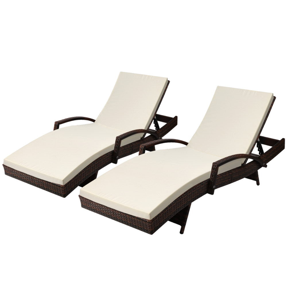 Sorrento Premium Set of 2 Outdoor Sun Lounge Chair with Cushion - Brown & Beige