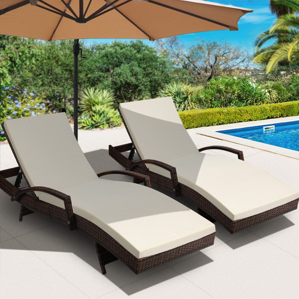 Sorrento Premium Set of 2 Outdoor Sun Lounge Chair with Cushion - Brown & Beige