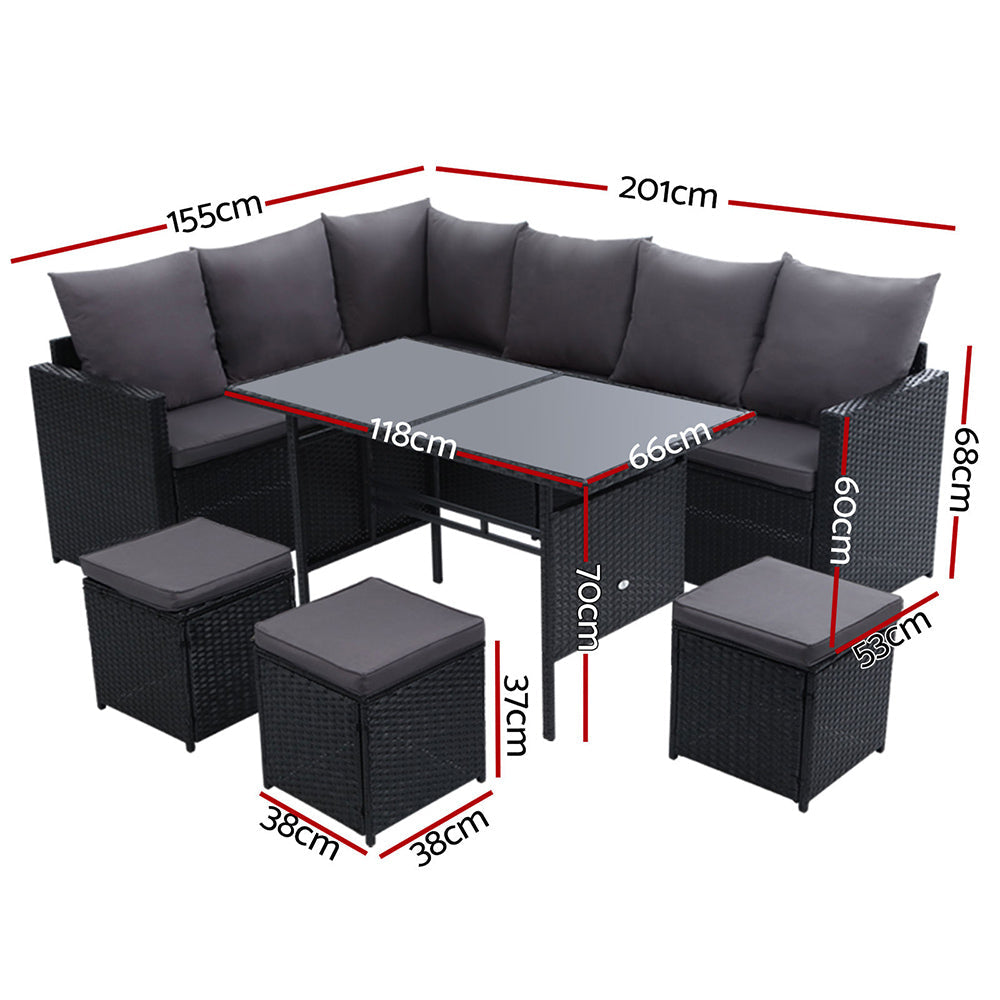 Armadale Deluxe 9 Seater Sofa Dining Set with 3 Ottomans - Black (Storage Cover)