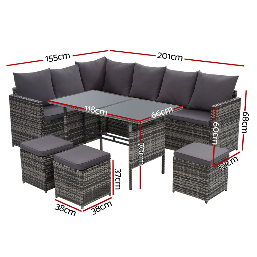 Armadale Deluxe 9 Seater Sofa Dining Set with 3 Ottomans - Grey (Storage Cover)