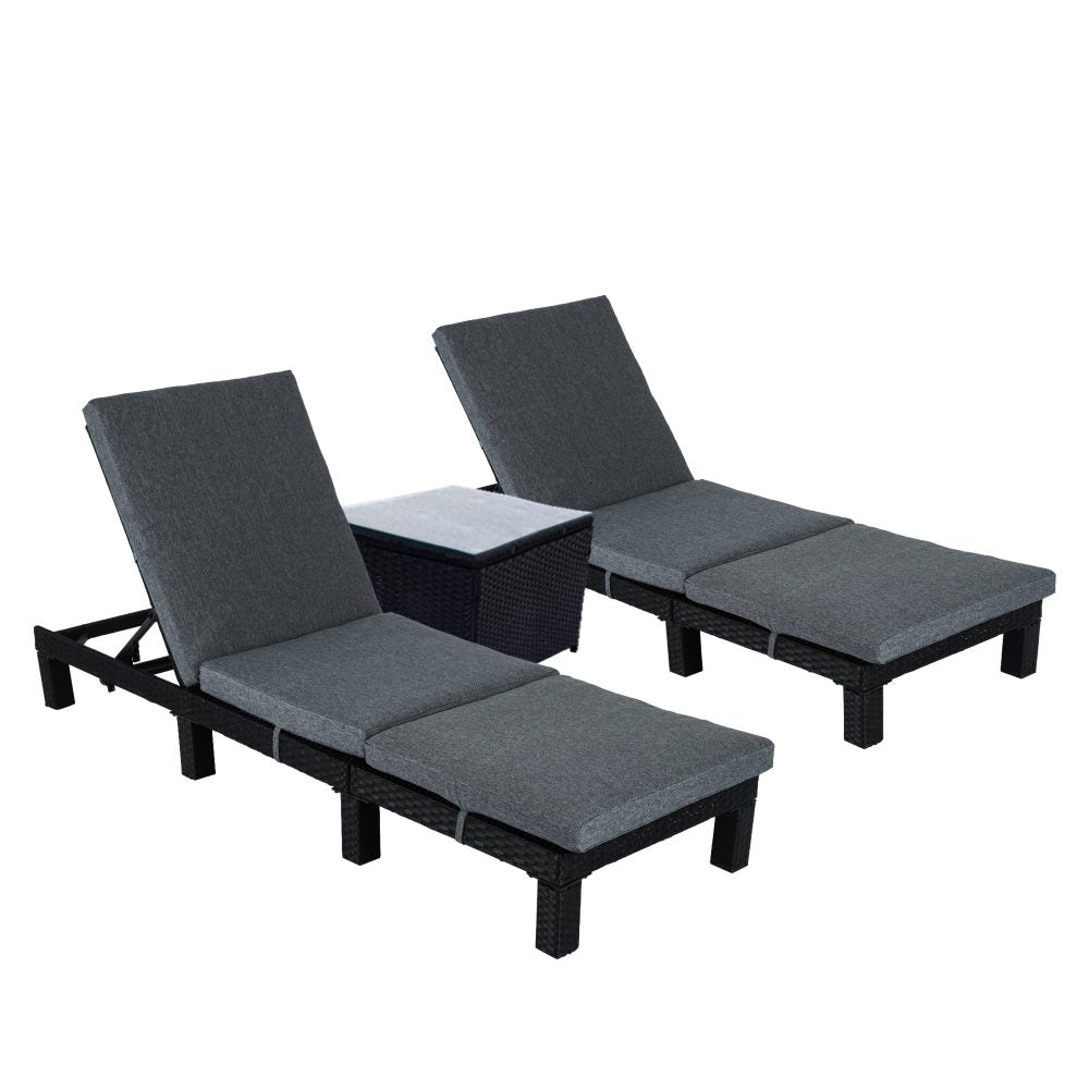 Sorrento Premium 3 Piece Sun Lounge Set with Joining Coffee Table - Black