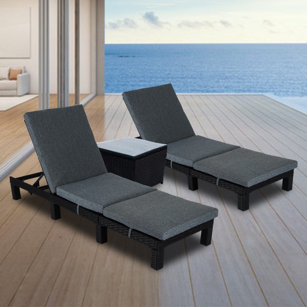 Sorrento Premium 3 Piece Sun Lounge Set with Joining Coffee Table - Black