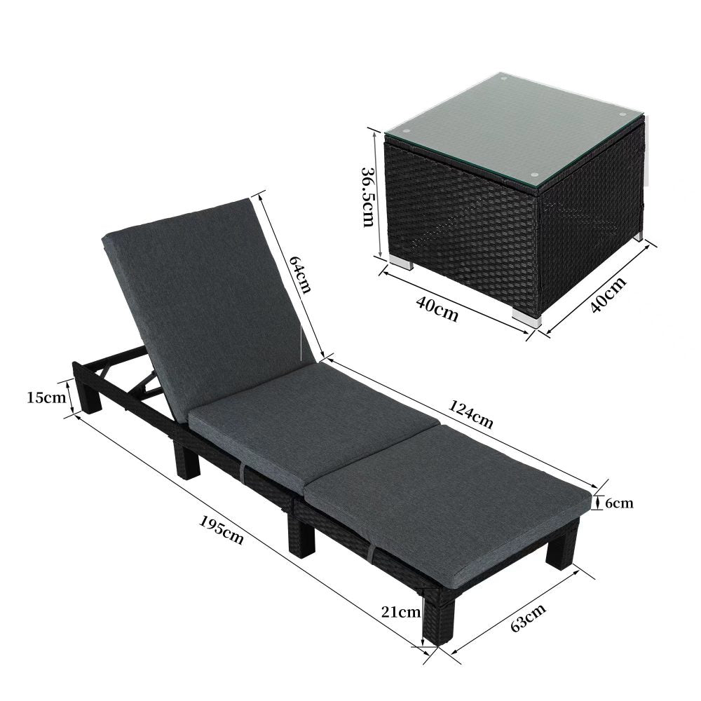 Sorrento Premium 3 Piece Sun Lounge Set with Joining Coffee Table - Black